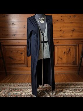 Long Black Lightweight Cotton Open Front Duster, Size M